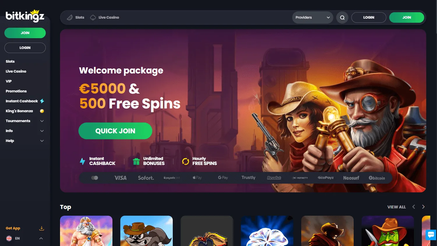 Bitkingz Casino desktop home page